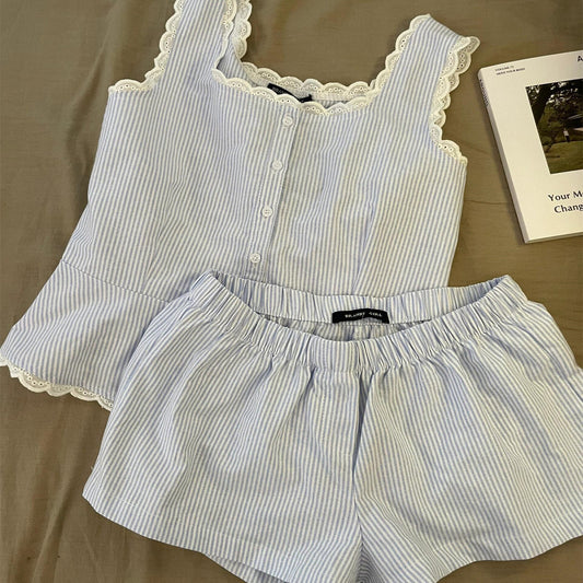 Women's Striped Lace-Trimmed Tank Top And Shorts Set
