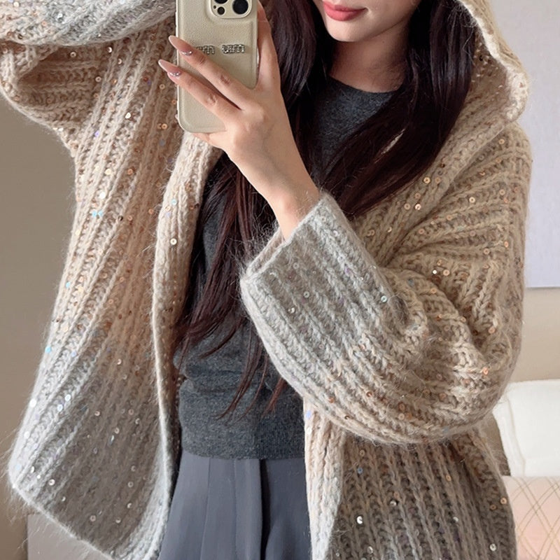 New FallWinter Womens Designer Gradient Sequin Hooded Jacket