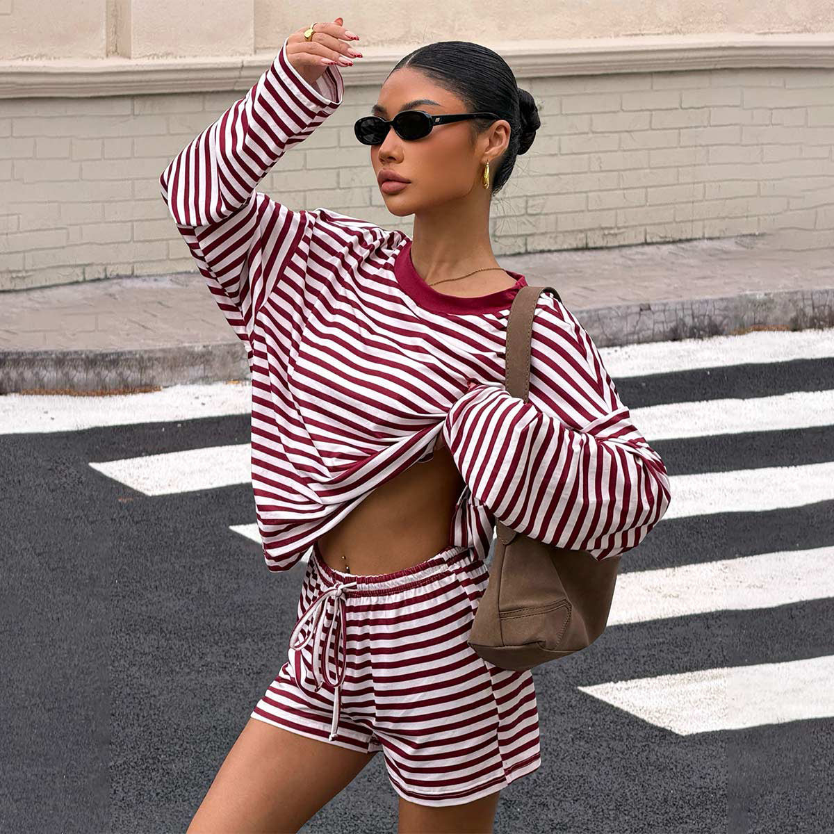 Laid-back, Sassy Striped Shorts And Long-sleeve Set