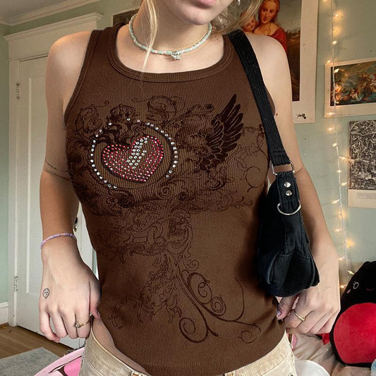 Summer Womens Stylish Rhinestone-printed Slim-fit Tank Top