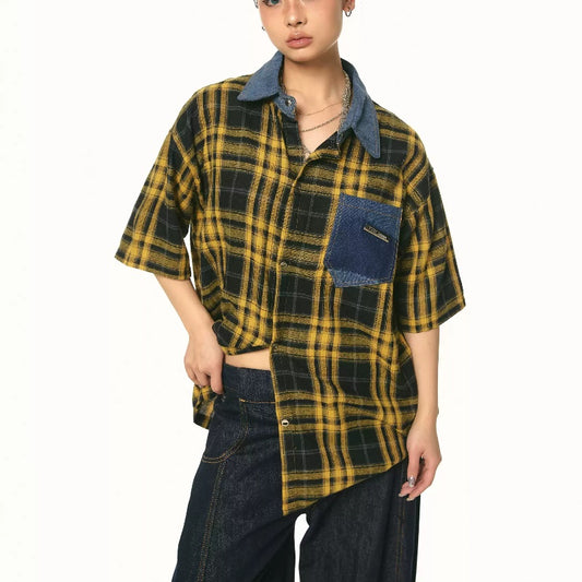 Plaid Color Contrast Patchwork Niche Short-sleeved Shirt Summer Retro