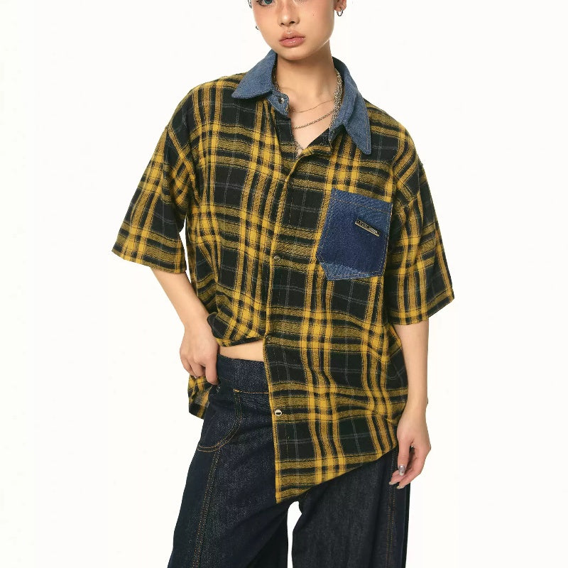 Plaid Color Contrast Patchwork Niche Short-sleeved Shirt Summer Retro