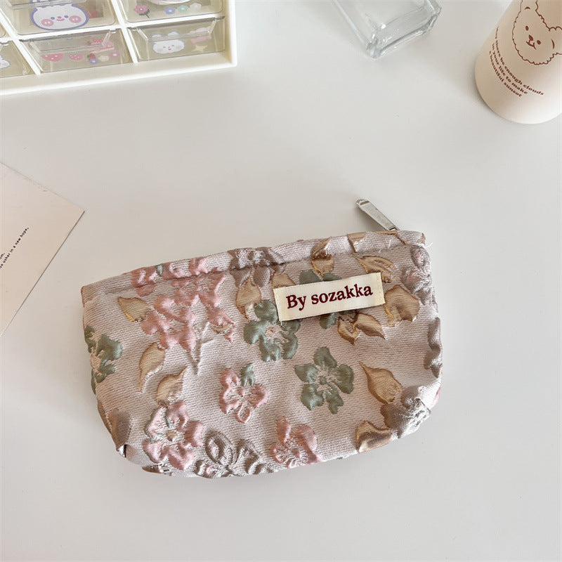 French Relief Flower Makeup Simple Portable Handbag Casual Mobile Phone Handheld Bag