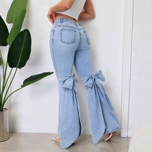 Womens High Waisted Stretchy Denim Flared Jeans With A Bow Detail