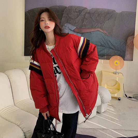 Loose Contrast Knit Striped Panel Down Jacket