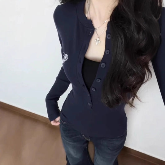 Womens Straight-shoulder Button-front Long-sleeve Slimming Top