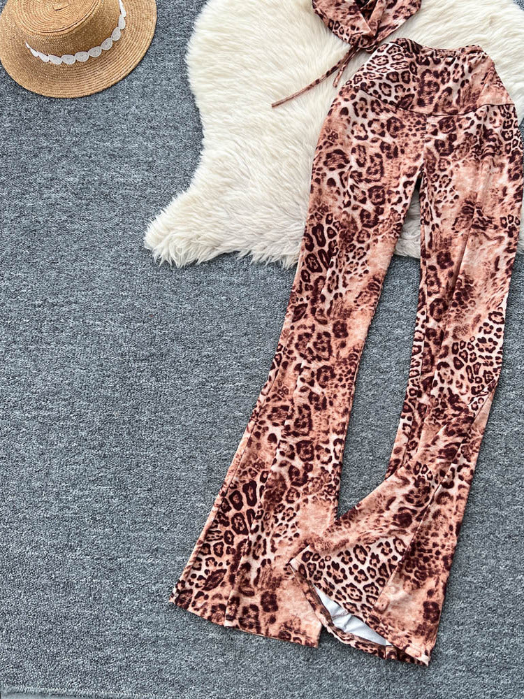 Sexy Scooped-neck Leopard-print Tank Top With High-waisted Flared Pants