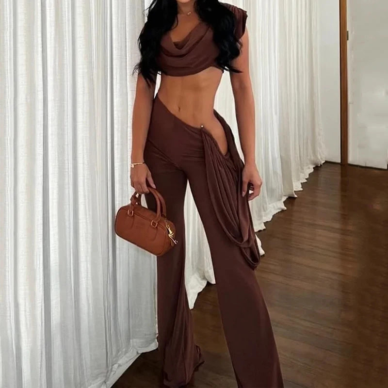 Womens Chic Pleated Irregular Wide-Leg Pants Two-Piece Set