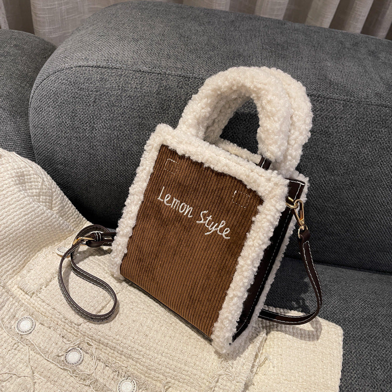 Cute Lamb Fleece Handbag Messenger Bag Letter