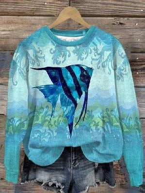 Kvinders Efterårs- og Vintertrends Digitaltrykt Rundhalset Sweater med Slidsede Skuldre og Lange Ærmer
