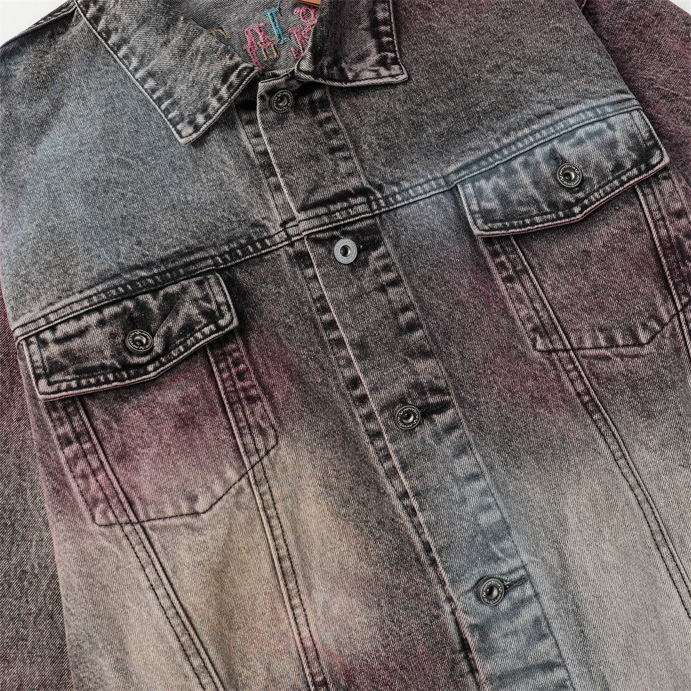 Colored String Spray Embroidery Denim Coat Tie-dyed Washed And Worn Loose