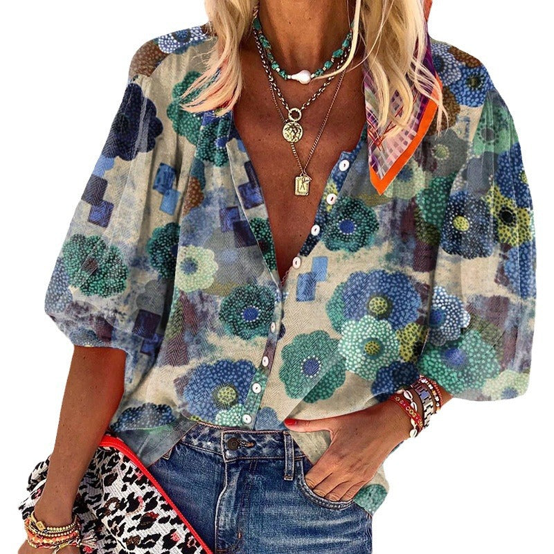 Women's V-neck Long Sleeve Stand Collar Printed Sweet Blouse