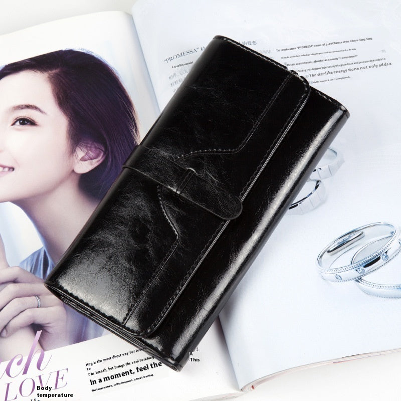 Pure Leather Tri Fold Women's Wallet Long Buckle Genuine Leather