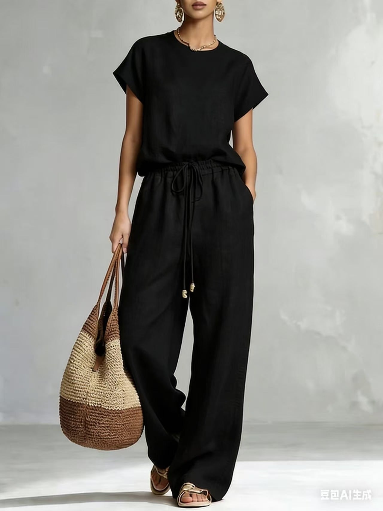 Womens Casual Loose Solid-Color Zip-Up Crew-Neck Wide-Leg Pants Set