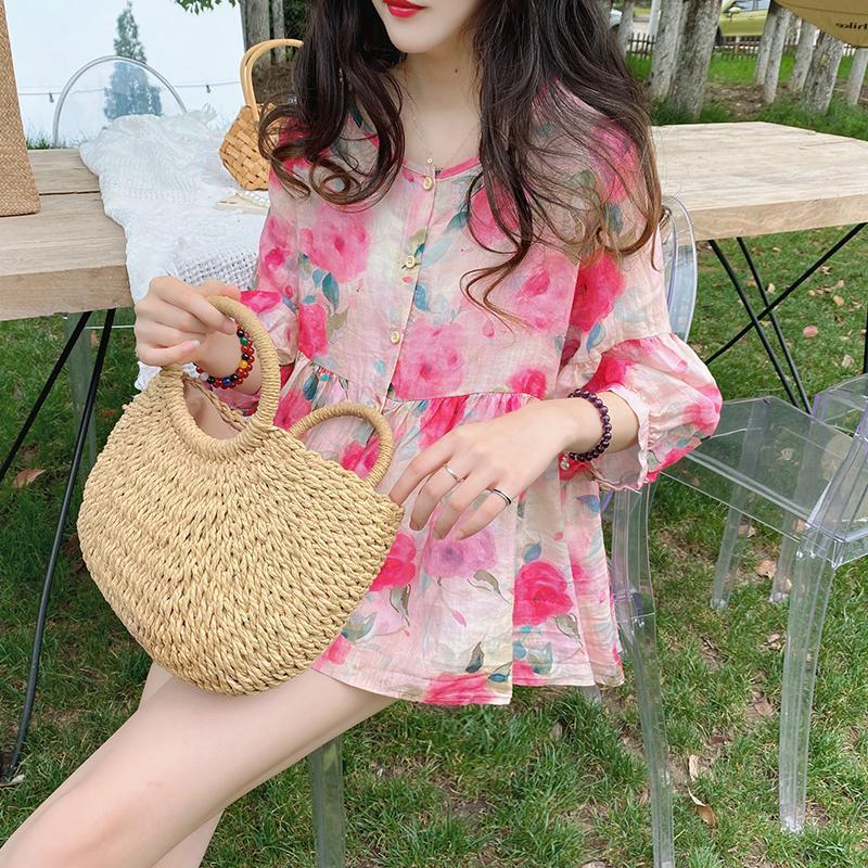 Doll-krave Top Sommer Nyhed Løstsiddende Vintage Bluse med Pufærmer