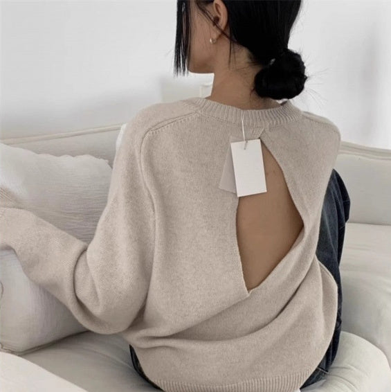 Scheming Hollow Backless Loose Round Neck Knitted Knitting Shirt