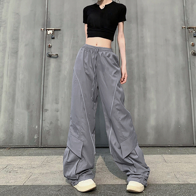 Women's Large Pocket Pleated Drawstring Elastic Lace Casual Pants