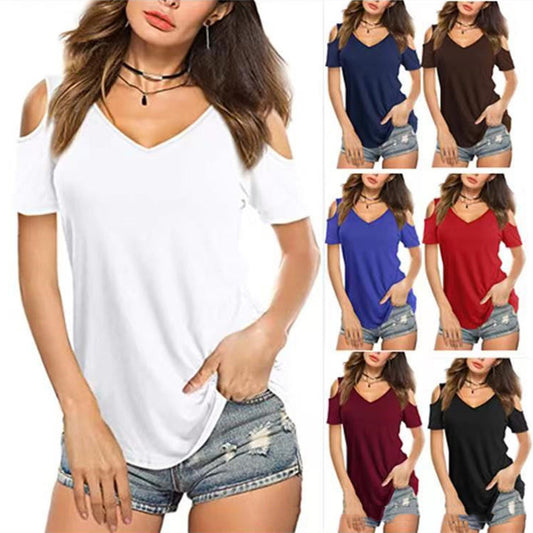 New V-neck Solid Color Off-the-shoulder Short-sleeved T-shirt