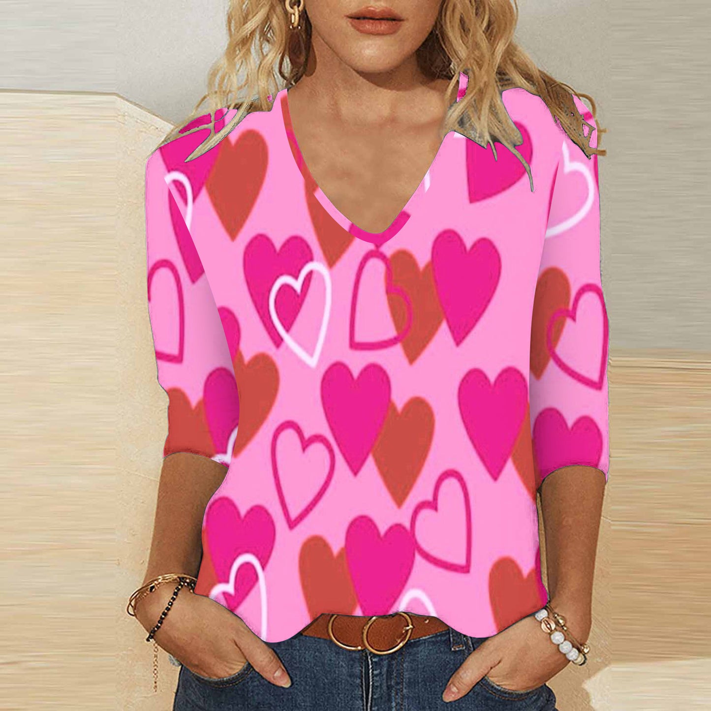 3D digitaltryk Valentinsdag Hjerteprint Kvinders søde afslappede løse V-hals 3/4-ærmet T-shirt