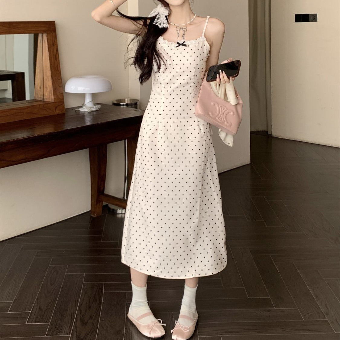 Korean-style Polka-Dot Slip Dress With Bow Detail