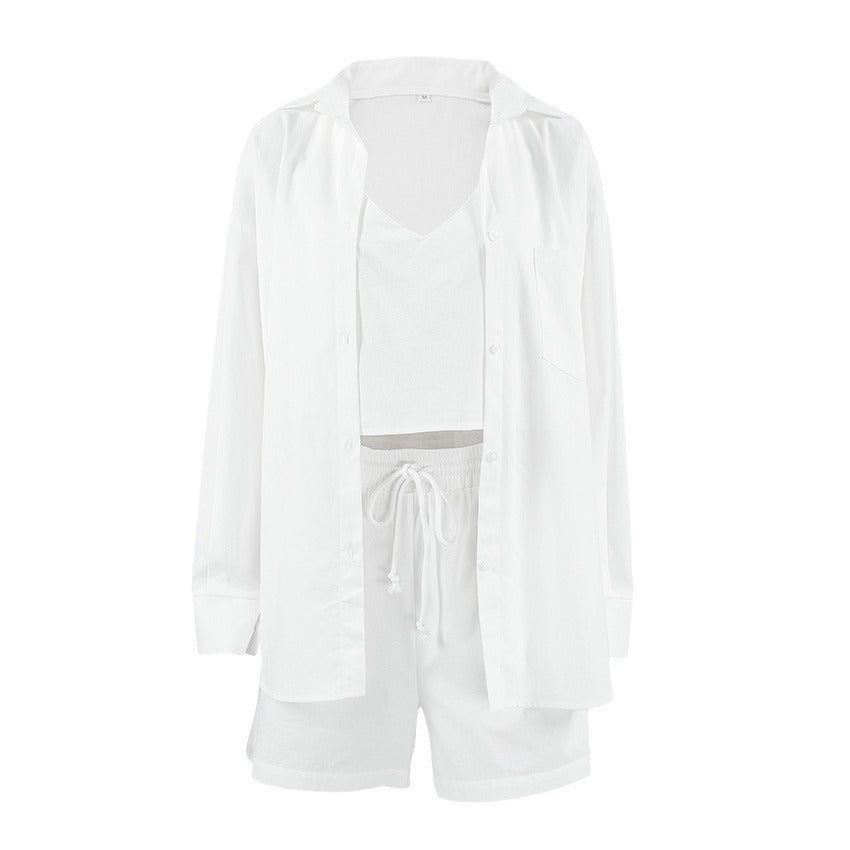 Pure Cotton Loose-Fit Wearable-at-Home Vest Shirt And Shorts Pajama Set 3 Pieces