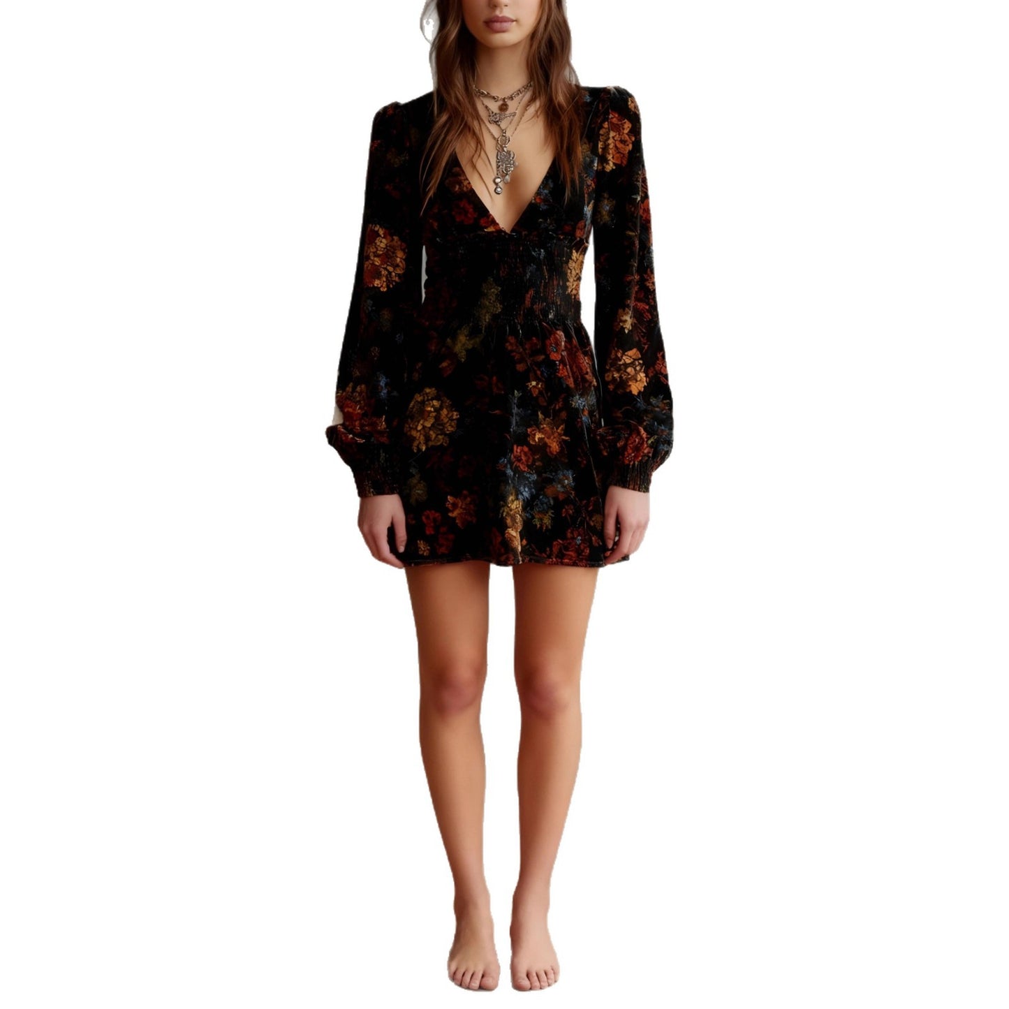 Elegant Floral Print V-Neck Velvet Dress