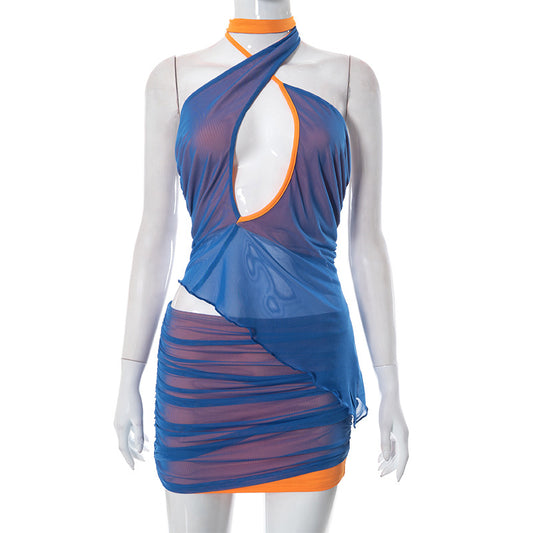 Women's Fashion Color Contrast Hot Girl Mesh Patchwork Skirt Suit