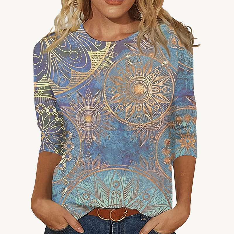 Europæisk og amerikansk blomsterprintet langærmet T-shirt med rund hals