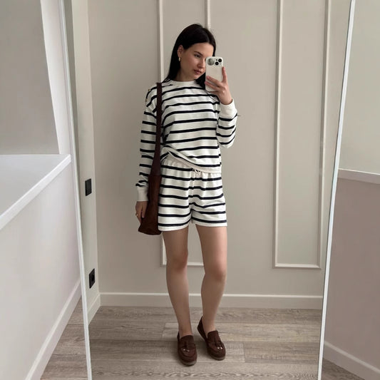 Soft Cotton Striped Suit Casual Long Sleeve Sweatshirt And Shorts