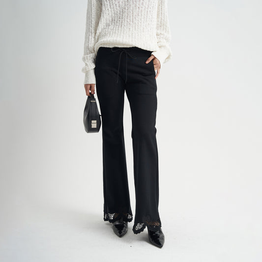 Black Trousers Lace Drawstring Women's High Waist