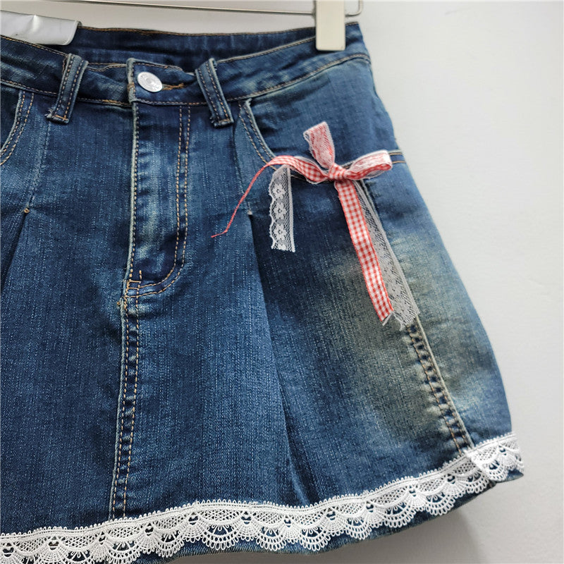 Lace Lace Band Bow High Waist Slimming A- Line Skirt
