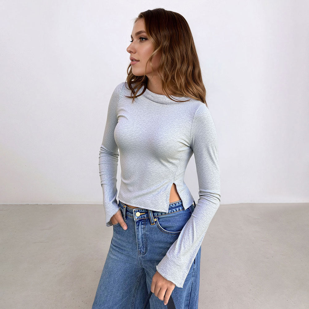 Women's Minimalist Mature Style T-shirt, Autumn And Winter Fashion Age-reducing Solid Color Long-sleeve Base Top