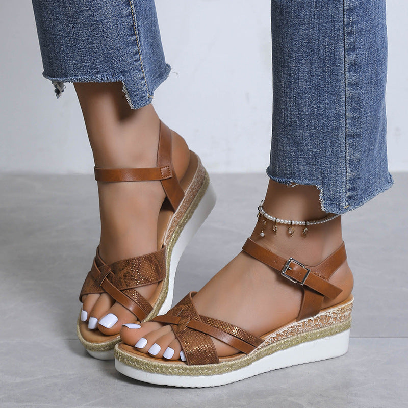 Women's Plus Size Buckle Wedge Platform High Heel Sandals