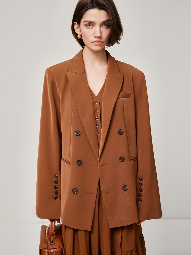 Brown Retro Spaghetti Straps Vest Double Breasted Suit Coat Set