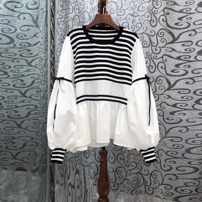 Striped Top Drawstring Long Sleeve Inner Wear Loose Shirt