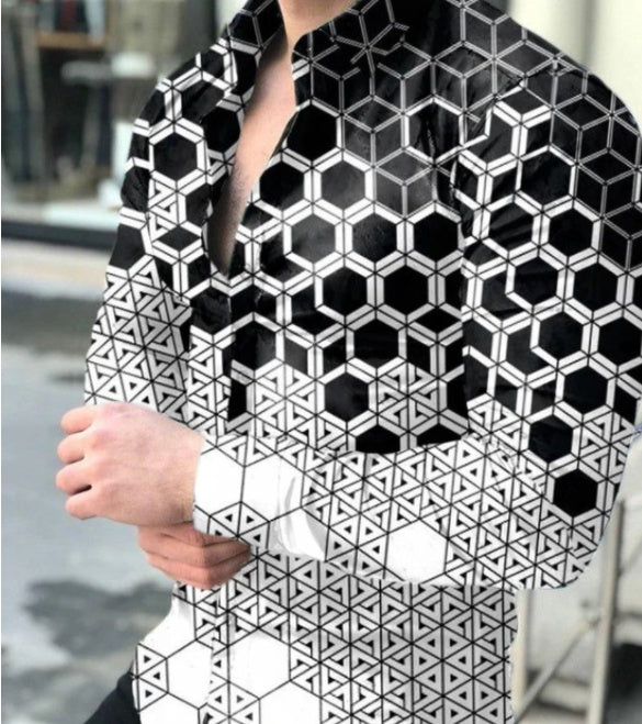European And American New Men's Gradient Printing Long-sleeved Shirt