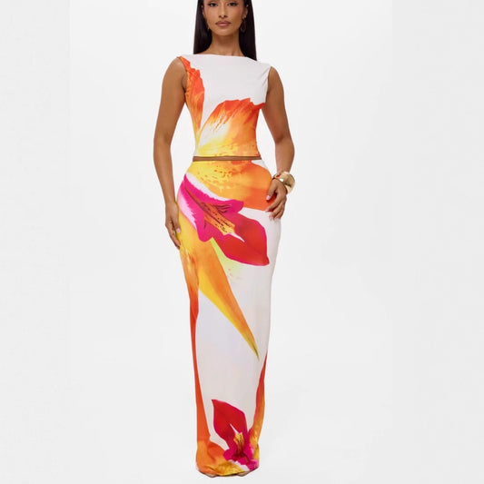 Fashionable Printed Sleeveless Crew-Neck Short T-Shirt And Casual Hip-Hugging Maxi Skirt Set For Vacation Style