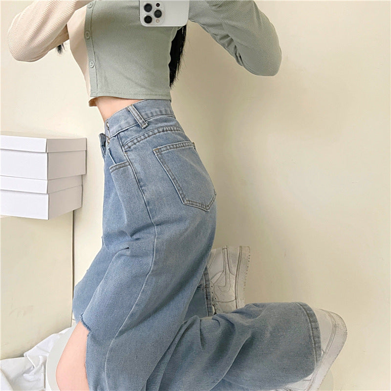 Ripped Jeans med Lige Pasform, Høj Talje og Løs Pasform, Flatterende