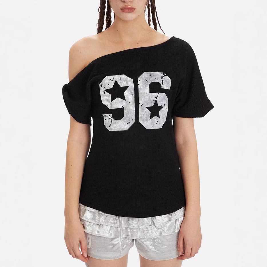 Afslappet Løs Sporty Stil Printet Én Skulder Pullover Kortærmet