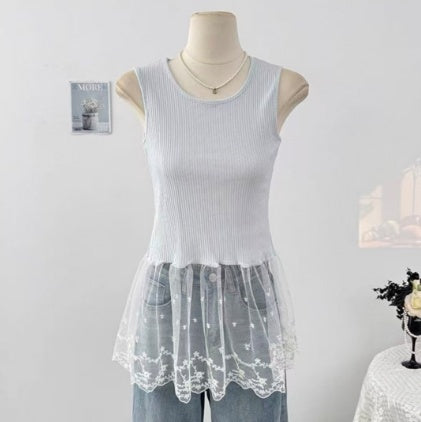 Sweet And Soft Spring-Season Lace-Patchwork Tank Top