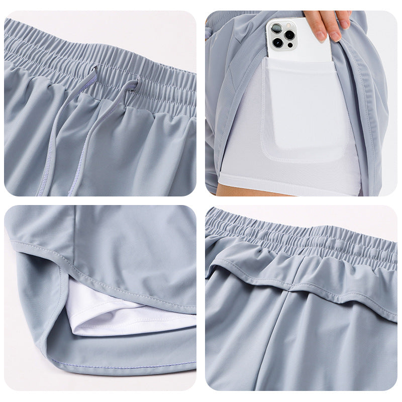 Women's Fake Two-piece Sports Shorts Pockets