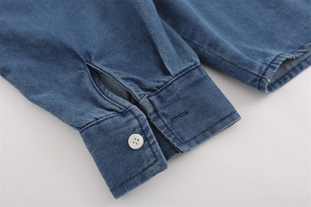 Retro Cartoon Animal Embroidery Denim Long Sleeve Shirt