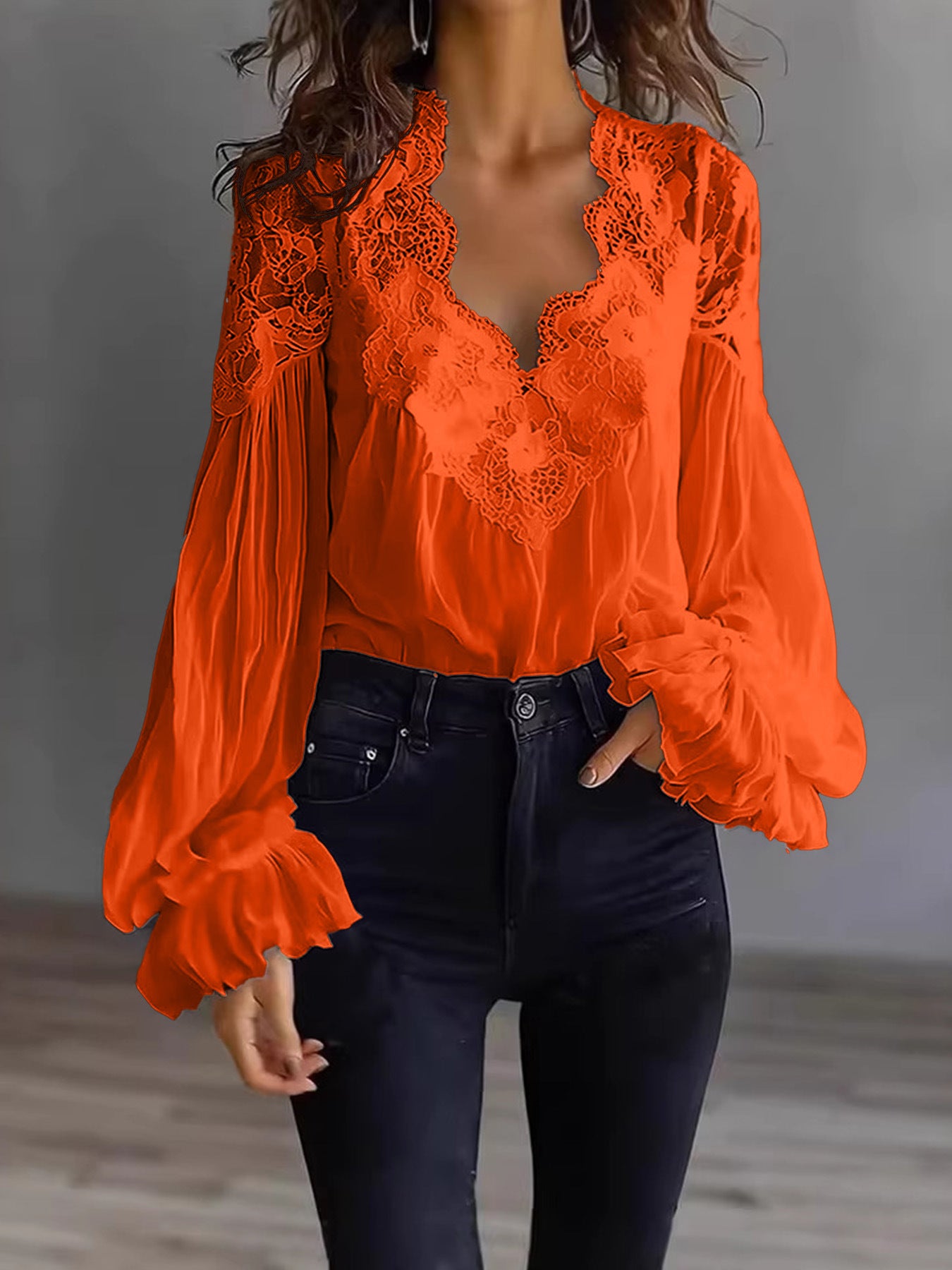 Lace-panelled Ruffled Puff-sleeve Pleated Shirt