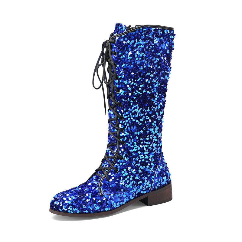 Glittery Round-toe Mid-heel Over-the-knee Boots With Front Lacing