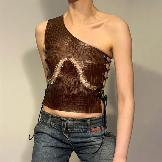 Creative Hollow Drawstring Patchwork One Shoulder Slim Top Vest