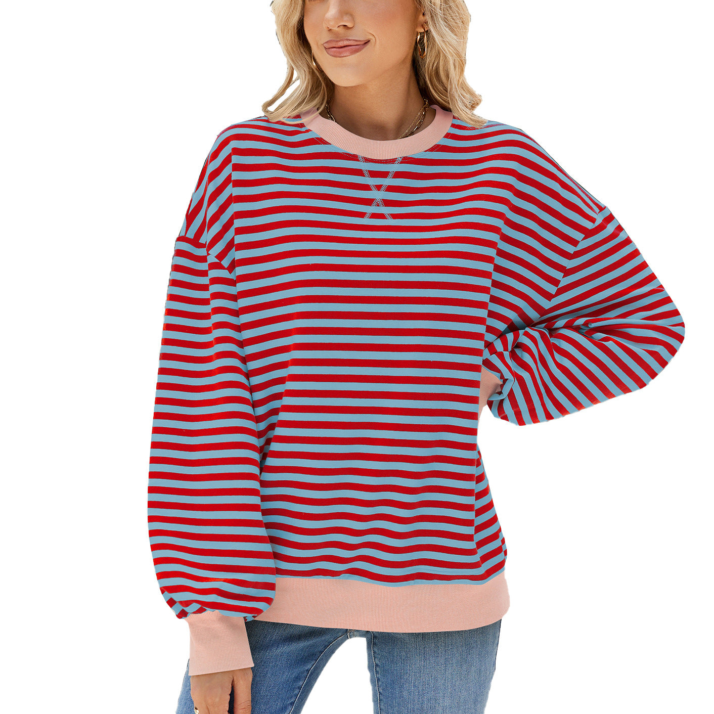 Kvinder Stribet Rund Hals Kontrastfarve Løs Langærmet Sweatshirt