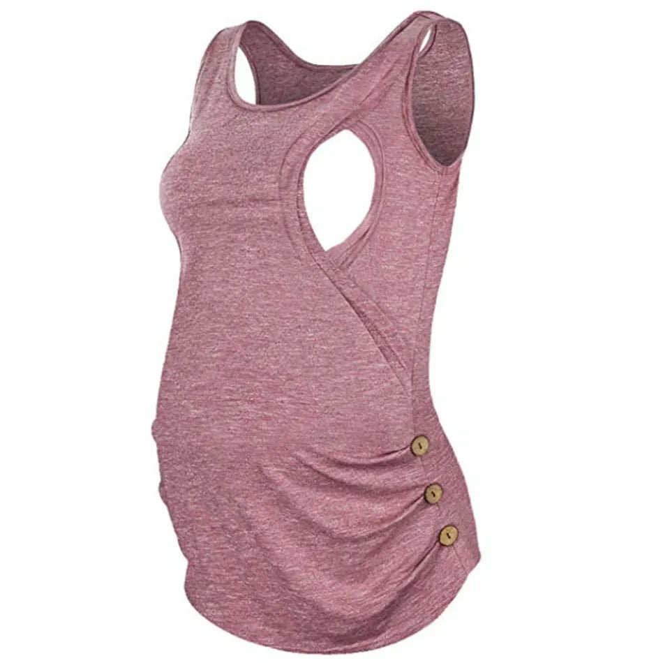 Sleeveless Solid Color Round Neck Button Vest Pregnant Women Breastfeeding Top