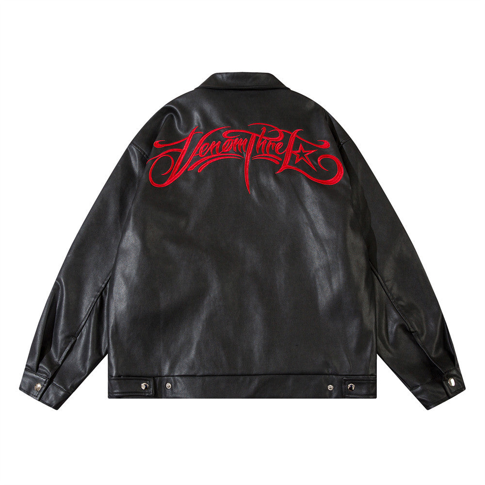 Letter Embroidered Lapel Leather Coat Loose Men