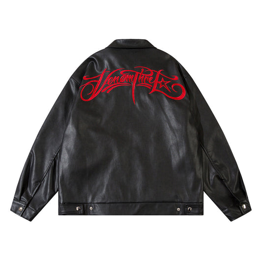 Letter Embroidered Lapel Leather Coat Loose Men