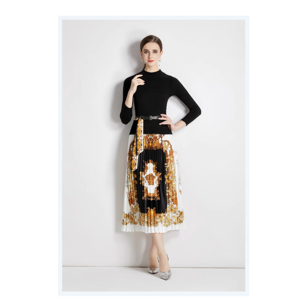Fashion Women Stand Collar Slim-fit Knitwear Two-piece Set